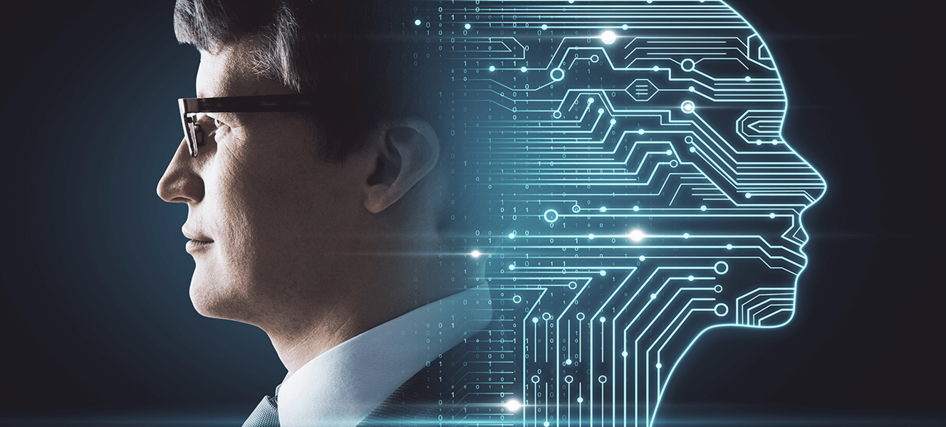 Man standing back to back with AI (artificial intelligence)